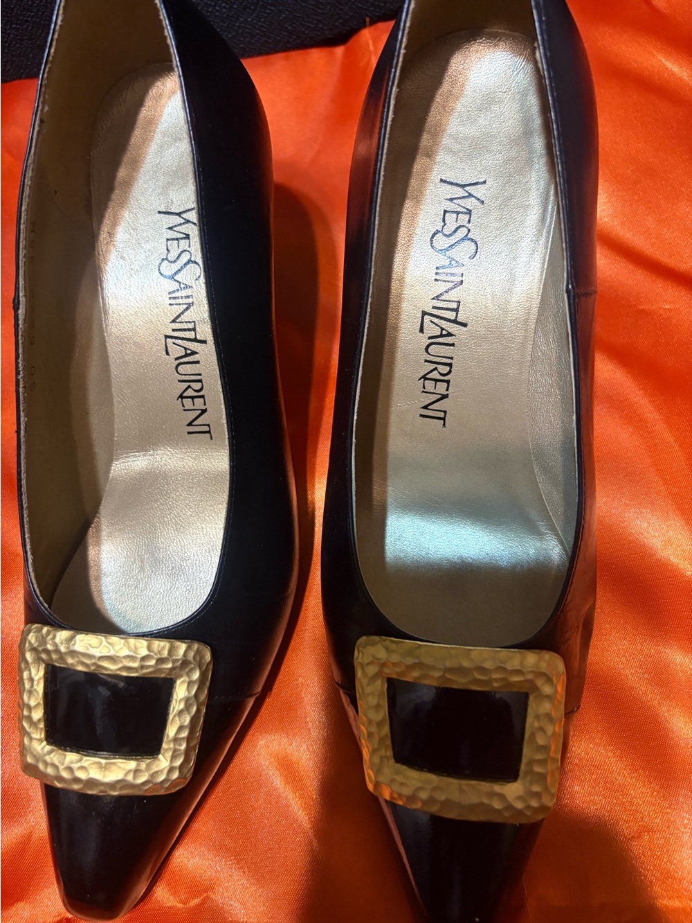 Yves Saint Laurent Black Leather Flats with Gold Hammered Buckle